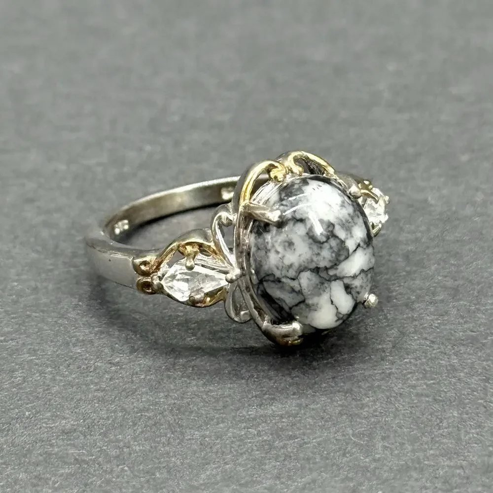 STS Signed 925 Sterling Silver Pinolith Jasper White Buffalo 3-Stone Size 9